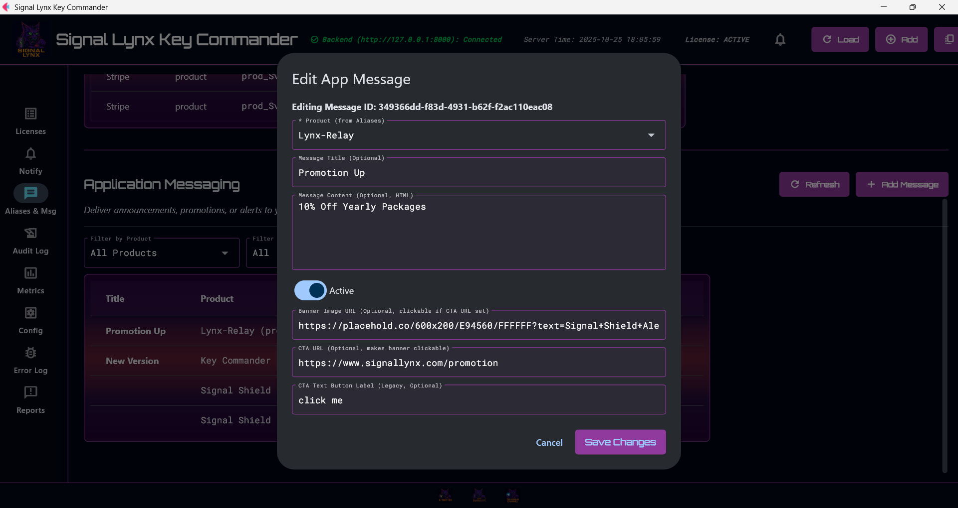 Screenshot of the In-App Message configurator in Key Commander