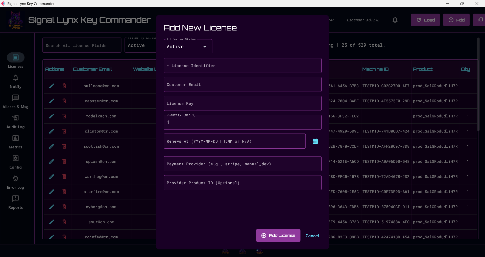 Screenshot of the license management tab showing admin controls