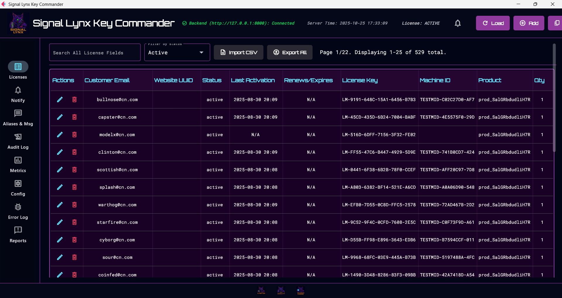 Screenshot of the Key Commander Mission Control dashboard