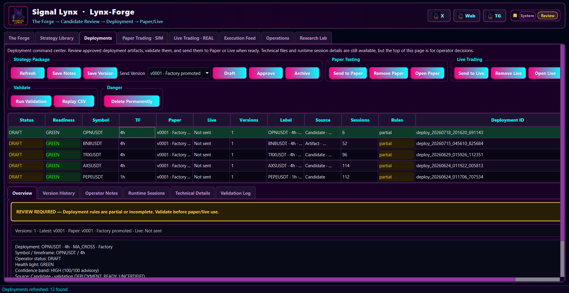 Lynx-Forge Deployments workspace for validation, versioning, paper testing, and live deployment decisions.