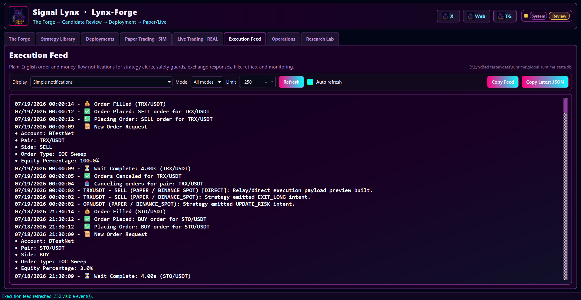 Lynx-Forge Execution Feed showing plain-English order requests, order placement, fills, cancellations, and monitoring events.