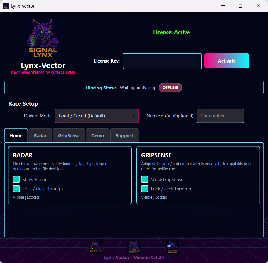 Lynx Vector application home screen with Radar and GripSense controls