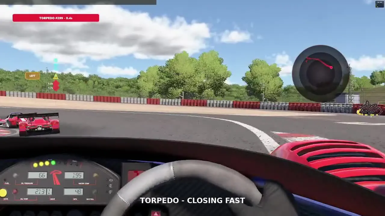Lynx Vector torpedo warning for a car closing quickly in iRacing