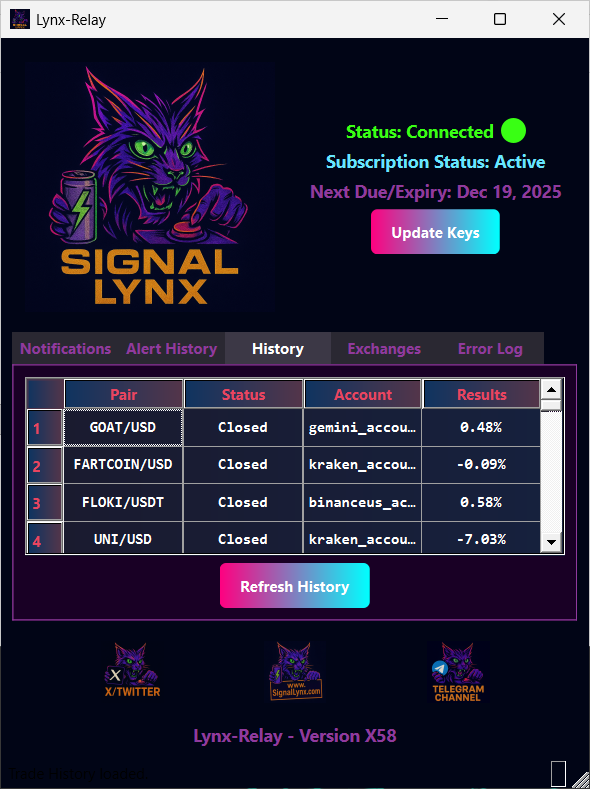 Screenshot of the History tab in the Lynx-Relay